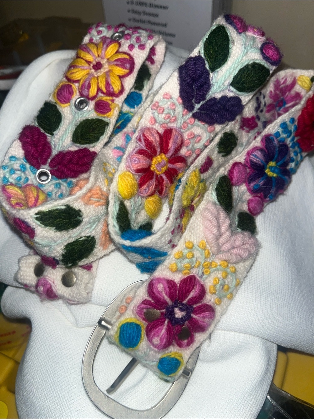 Hand-Embroidered Floral Wool Belt - Multicolor Flowers on Cream